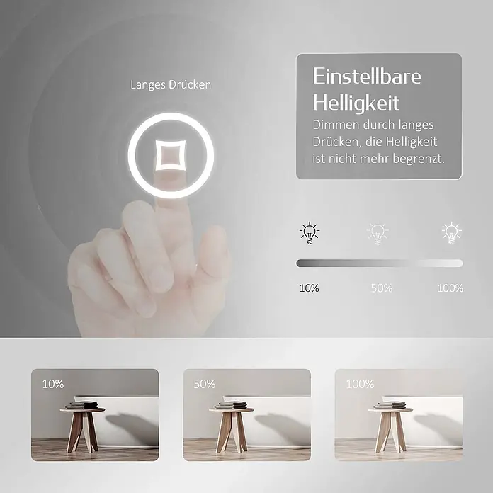 Emke Lichtspiegel Dimlite LM03 -  - Grafik zur einstellbaren Helligkeit. Ein Finger drückt lange auf einen Knopf, um die Raumhelligkeit von 10% auf 100% zu dimmen.
