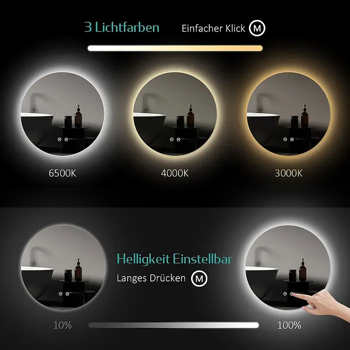 Emke Lichtspiegel OLM03 - 50 x 50 cm - Hinterleuchteter Spiegel mit 3 einstellbaren Lichtfarben (6500K, 4000K, 3000K) und dimmbarer Helligkeit (10-100%) über Touch-Steuerung.