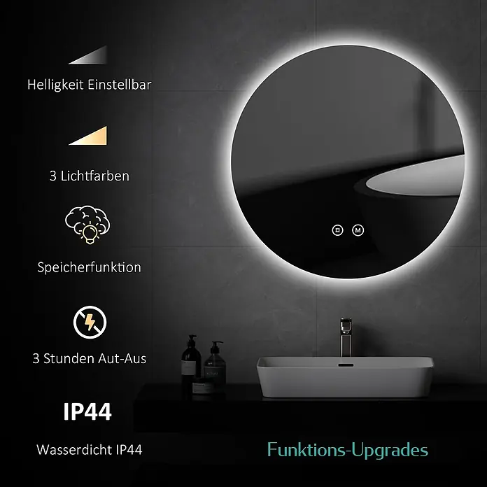 Emke Lichtspiegel OLM03 - 50 x 50 cm - Runder LED-Badspiegel mit beleuchtetem Rahmen und Touch-Bedienung. Einstellbare Helligkeit und 3 Lichtfarben, über einem modernen Waschbecken.