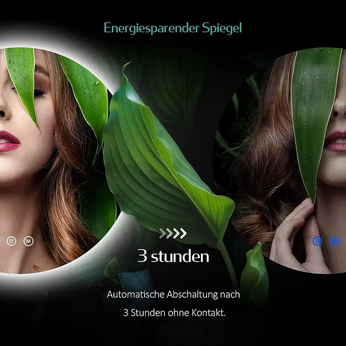Emke Lichtspiegel OLM03 - 50 x 50 cm - Energiesparender Spiegel mit Frauenantlitz und grünen Blättern, automatische Abschaltung nach 3 Stunden.