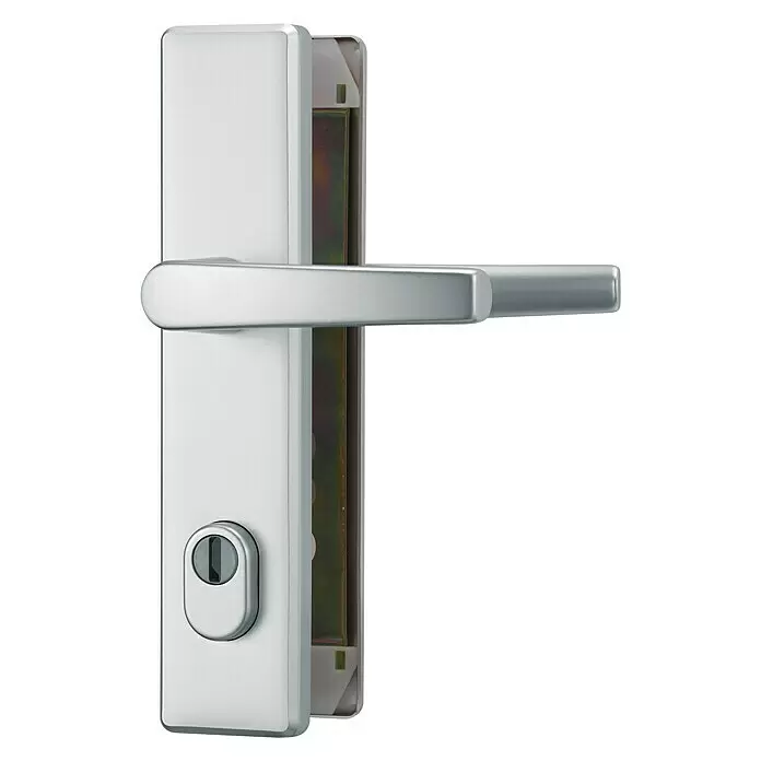 Abus Herraje de protección HLZS814 - Puerta principal, Aluminio, Botón exterior, manilla interior, Grosor de la puerta: 52 mm - 72 mm - Manilla de puerta plateada con palanca y escudo de cilindro integrado.
