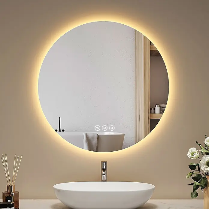 Emke Lichtspiegel OLM03 - 50 x 50 cm - Runder, hintergrundbeleuchteter LED-Badezimmerspiegel mit Touch-Steuerung über weißem Waschbecken.
