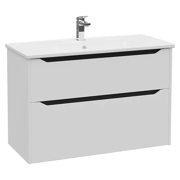 VitrA Integra Square Badmöbel-Set - Gesamtbreite Badmöbel: 100 cm, Hellgrau, Matt - Weißer wandmontierter Badunterschrank mit integriertem Keramikwaschbecken, Chromarmatur und zwei Schubladen mit schwarzen Griffen.