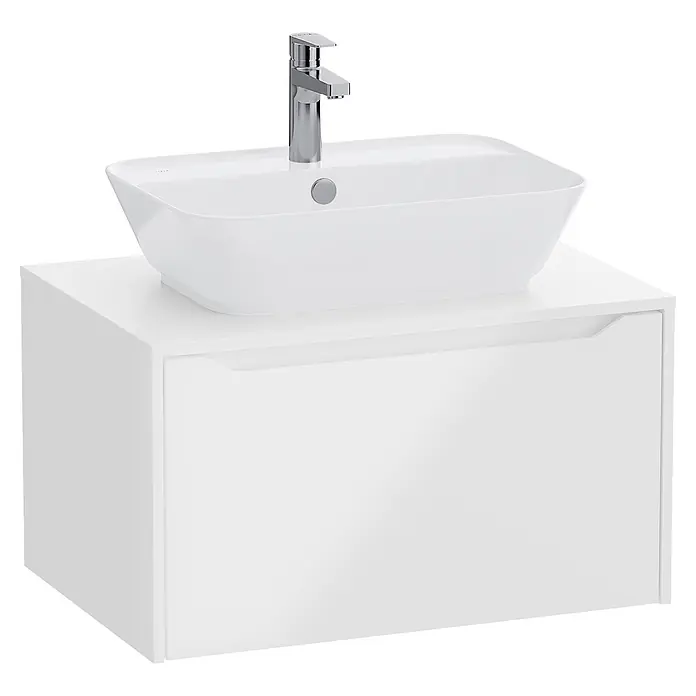 VitrA Integra Square Waschtischunterschrank Integra Square - B x T x H: 80 x 52 x 42 cm, Weiß - Weißes rechteckiges Aufsatzwaschbecken mit Chromarmatur auf einem weißen wandmontierten Waschtisch.