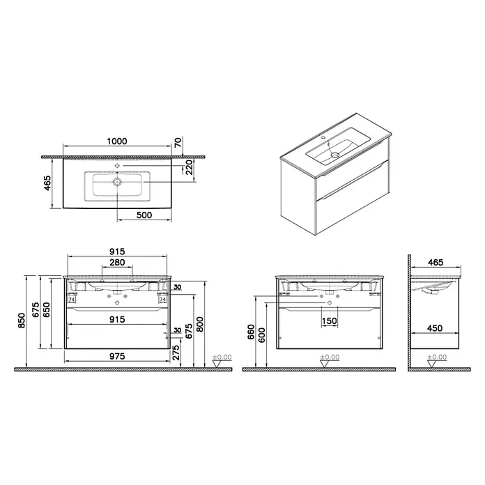 VitrA Integra Square Badmöbel-Set - Gesamtbreite Badmöbel: 100 cm, Moosgrün, Matt - Technische Zeichnungen eines Badmöbels mit integriertem Waschbecken, inklusive Aufsicht, Vorder- und Seitenansicht mit Maßen.