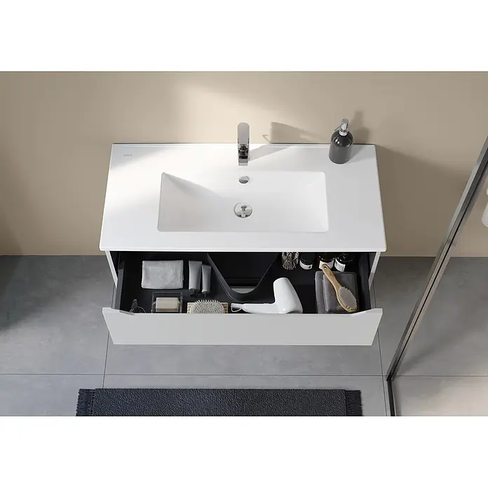 VitrA Integra Square Badmöbel-Set - Gesamtbreite Badmöbel: 100 cm, Hellgrau, Matt - Weißer wandmontierter Badezimmerwaschtisch mit einer geräumigen, offenen Schublade für Toilettenartikel und einen Haartrockner.