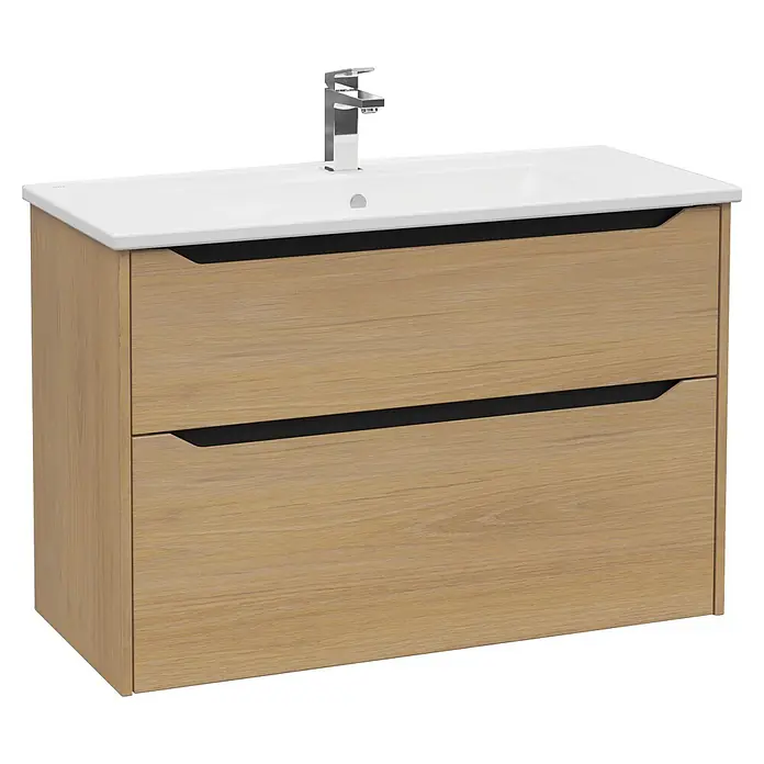VitrA Integra Square Badmöbel-Set - Gesamtbreite Badmöbel: 100 cm, Eiche Gold - Waschtischunterschrank aus hellem Holz mit weißem Keramikwaschbecken und Chromarmatur.