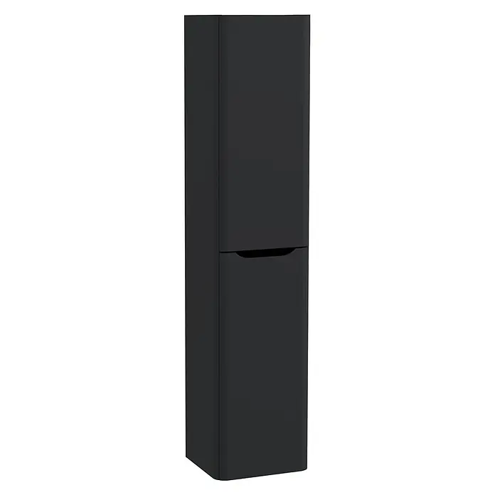 VitrA Integra Round Hochschrank - B x T x H: 40 x 37 x 180 cm, Graphit, DIN Anschlag: Rechts, Inklusive 4 Glaseinlegeböden - Dunkelgrauer zweitüriger Kühlschrank mit integriertem Griff.