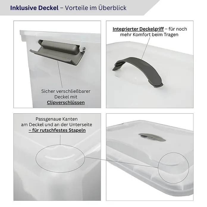 Proregal Aufbewahrungsbox-Set 6er mit Deckel - Klein - Kunststoff, Transparent, 6 Stk. - Klarer Aufbewahrungsboxdeckel mit sicheren Clipverschlüssen, integriertem Tragegriff und passgenauen Kanten für rutschfestes Stapeln.