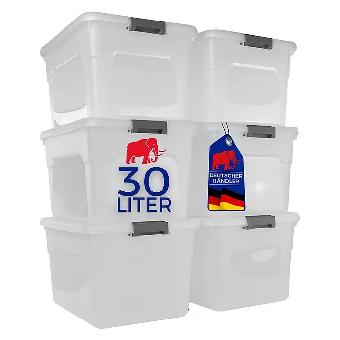 Proregal Aufbewahrungsbox-Set 6er mit Deckel - Klein - Kunststoff, Transparent, 6 Stk. - Gestapelte durchsichtige Kunststoff-Aufbewahrungsboxen mit grauen Verschlüssen. Mit rotem Elefanten-Logo, „30 LITER“ Text und „DEUTSCHER HÄNDLER“ Etikett mit deutscher Flagge.