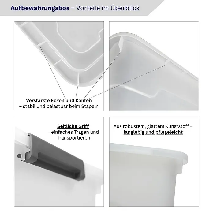 Proregal Aufbewahrungsbox-Set 6er mit Deckel - Klein - Kunststoff, Transparent, 6 Stk. - Weiße Aufbewahrungsbox aus robustem Kunststoff mit verstärkten Ecken für Stabilität beim Stapeln und seitlichem Griff zum einfachen Tragen.