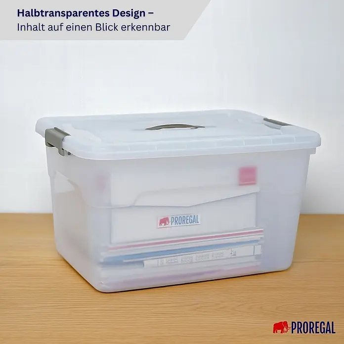Proregal Aufbewahrungsbox-Set 6er mit Deckel - Klein - Kunststoff, Transparent, 6 Stk. - Halbtransparente Aufbewahrungsbox mit Deckel und grauen Verschlüssen, zeigt Dokumente zur einfachen Erkennung.
