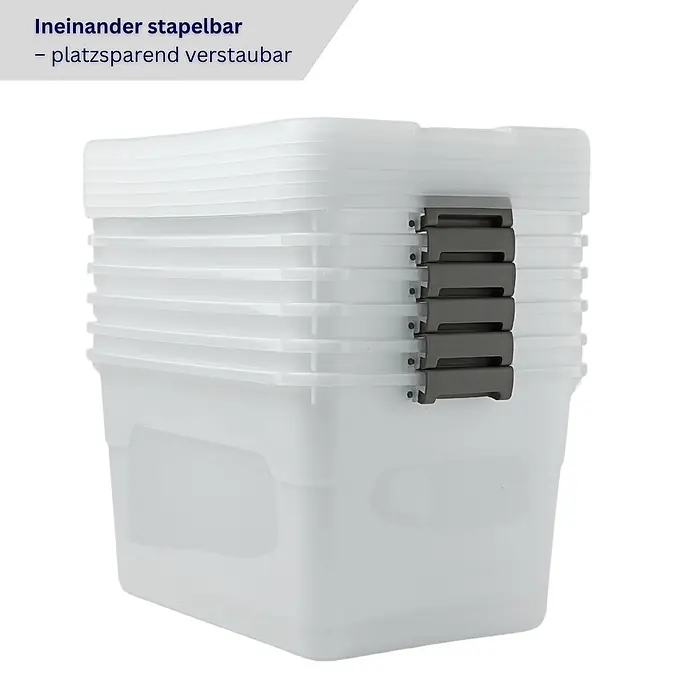 Proregal Aufbewahrungsbox-Set 6er mit Deckel - Klein - Kunststoff, Transparent, 6 Stk. - Stapel von weißen, durchsichtigen Aufbewahrungsboxen mit grauen Verschlüssen, platzsparend ineinander verstaubar.