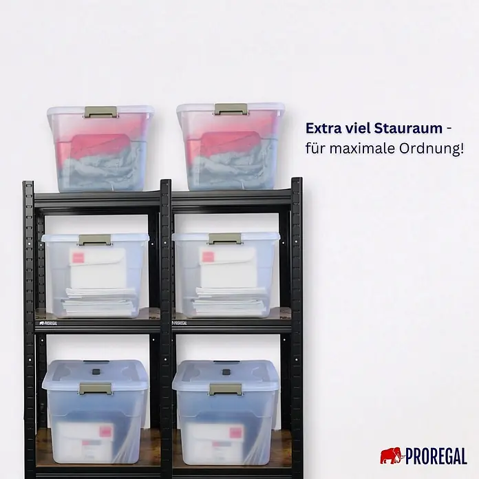 Proregal Aufbewahrungsbox-Set 6er mit Deckel - Klein - Kunststoff, Transparent, 6 Stk. - Sechs transparente Aufbewahrungsboxen mit grauen Clips auf einem schwarzen PROREGAL Regal.