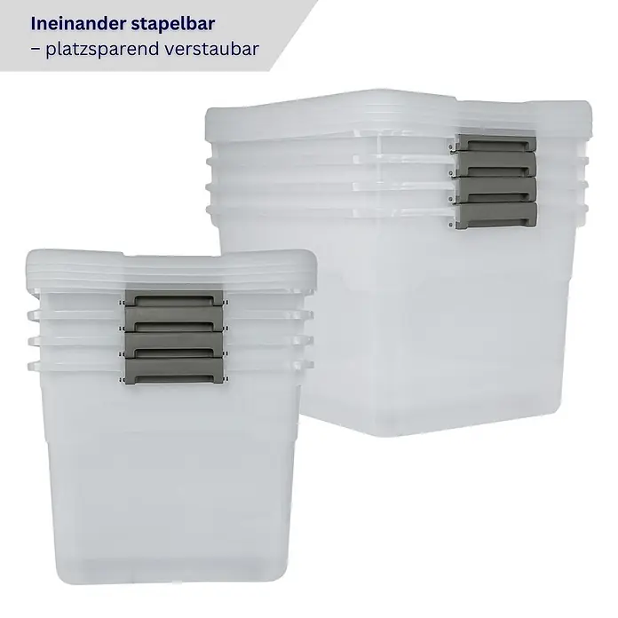 Proregal Aufbewahrungsbox-Set 4er mit Deckel - Extra Groß mit Rollen - L x B x H: 43 x 58 x 34 cm, Kunststoff, Transparent, 4 Stk. - Durchsichtige, ineinander stapelbare Kunststoff-Aufbewahrungsboxen mit grauen Verschlüssen zur platzsparenden Lagerung.