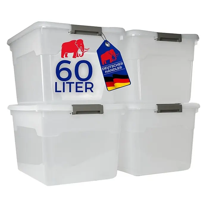 Proregal Aufbewahrungsbox-Set 4er mit Deckel - Extra Groß mit Rollen - L x B x H: 43 x 58 x 34 cm, Kunststoff, Transparent, 4 Stk. - Gestapelte transparente Kunststoff-Aufbewahrungsboxen (60 Liter) mit grauen Verschlüssen, Elefantenlogo und 'DEUTSCHER HÄNDLER' Etikett.