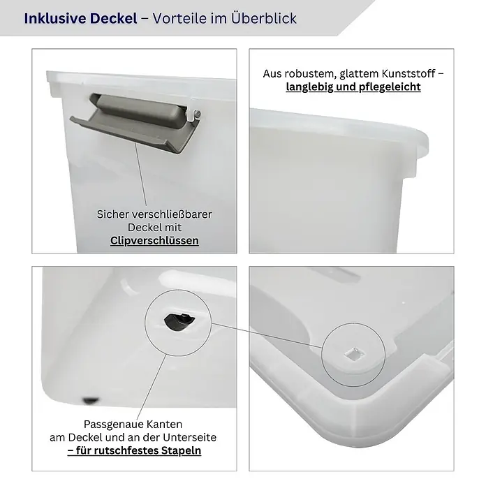 Proregal Aufbewahrungsbox-Set 6er mit Deckel - Extra Groß mit Rollen - Kunststoff, Transparent, 6 Stk. - Transparente Kunststoff-Aufbewahrungsbox mit Deckel, sicheren Clipverschlüssen und präzisen Kanten für stabiles Stapeln.
