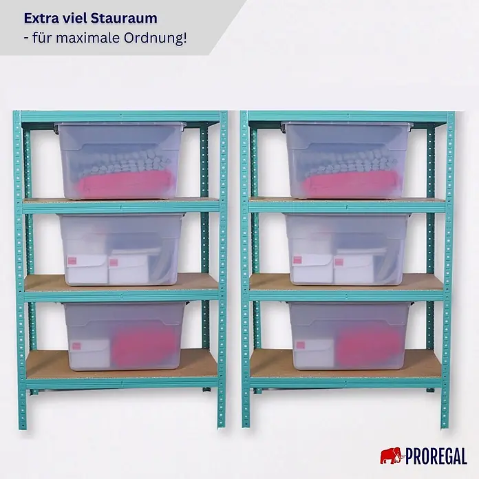 Proregal Aufbewahrungsbox-Set 6er mit Deckel - Extra Groß mit Rollen - Kunststoff, Transparent, 6 Stk. - Zwei stabile, türkisfarbene Metallregale mit je drei Fächern, gefüllt mit transparenten Aufbewahrungsboxen für maximale Ordnung.