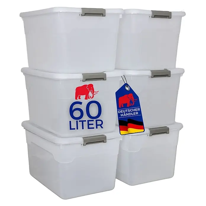 Proregal Aufbewahrungsbox-Set 6er mit Deckel - Extra Groß mit Rollen - Kunststoff, Transparent, 6 Stk. - Stapel transparenter weißer Plastik-Aufbewahrungsboxen mit grauen Verschlüssen. Eine Box zeigt '60 LITER' und ein rotes Elefantenlogo.