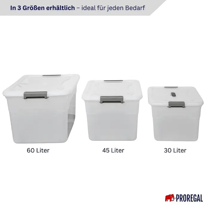Proregal Aufbewahrungsbox-Set 6er mit Deckel - Extra Groß mit Rollen - Kunststoff, Transparent, 6 Stk. - Drei transparente Kunststoff-Aufbewahrungsboxen mit grauen Verschlüssen, in 60, 45 und 30 Liter Größen.