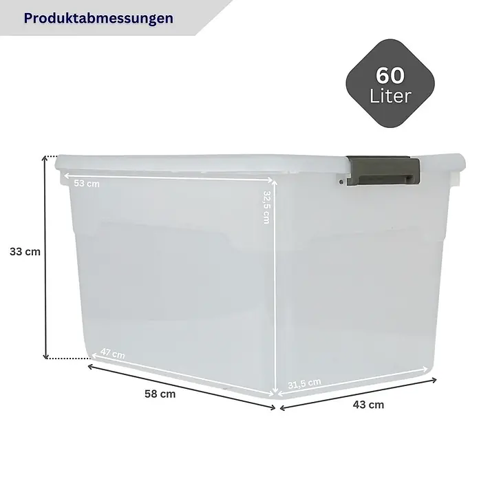 Proregal Aufbewahrungsbox-Set 6er mit Deckel - Extra Groß mit Rollen - Kunststoff, Transparent, 6 Stk. - Transparente Kunststoff-Aufbewahrungsbox mit grauer Schnalle, 60 Liter Fassungsvermögen, Maße angegeben.
