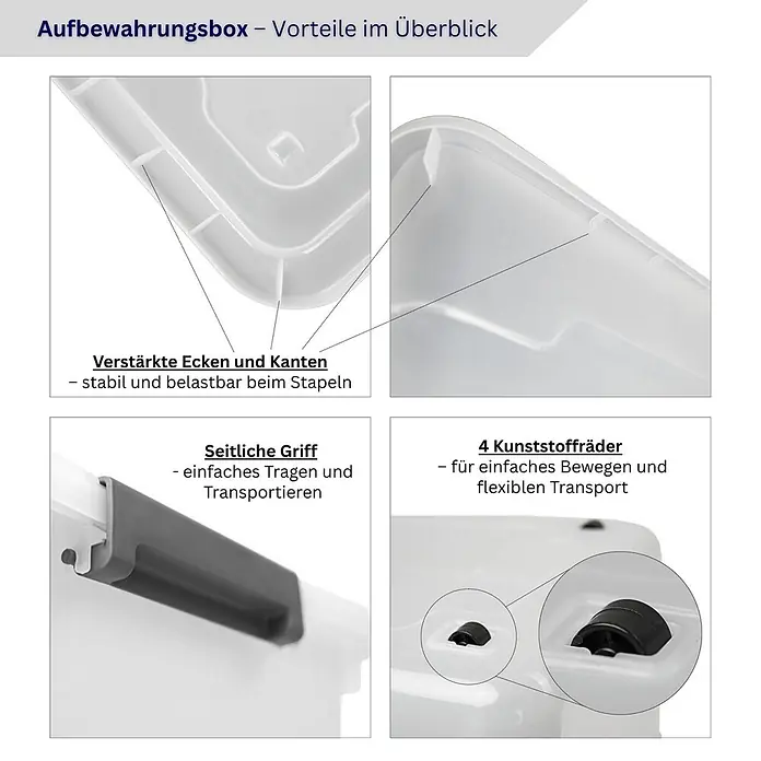 Proregal Aufbewahrungsbox-Set 6er mit Deckel - Extra Groß mit Rollen - Kunststoff, Transparent, 6 Stk. - Weiße Kunststoff-Aufbewahrungsbox mit verstärkten Ecken, Seitengriffen und 4 Rollen für einfachen Transport und Stapelung.