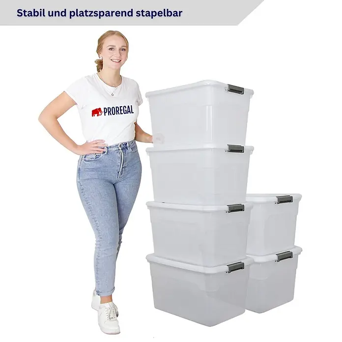 Proregal Aufbewahrungsbox-Set 6er mit Deckel - Extra Groß mit Rollen - Kunststoff, Transparent, 6 Stk. - Klare Kunststoff-Aufbewahrungsboxen mit grauen Verschlüssen, gestapelt neben einer Person, um Größe und Stapelbarkeit zu zeigen.