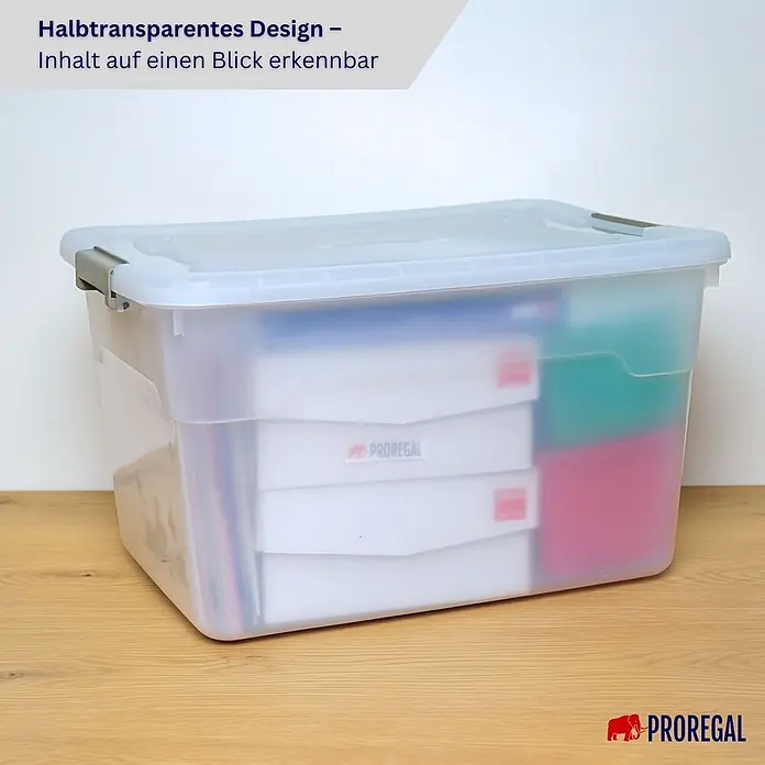 Proregal Aufbewahrungsbox-Set 6er mit Deckel - Extra Groß mit Rollen - Kunststoff, Transparent, 6 Stk. - Halbtransparente Kunststoff-Aufbewahrungsbox mit Deckel, sodass der Inhalt leicht erkennbar ist.