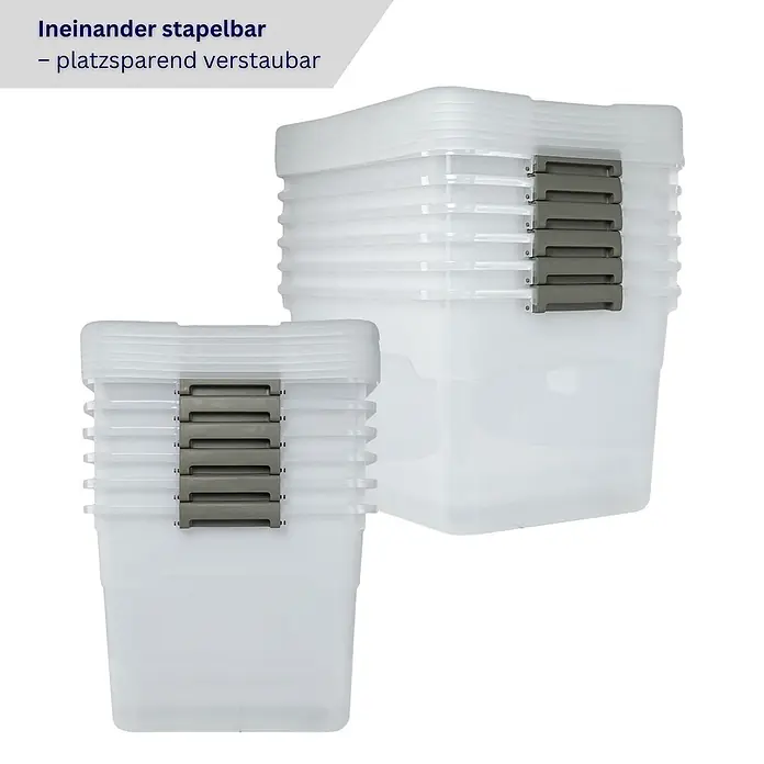 Proregal Aufbewahrungsbox-Set 6er mit Deckel - Extra Groß mit Rollen - Kunststoff, Transparent, 6 Stk. - Zwei Stapel durchscheinender Plastik-Aufbewahrungsboxen mit grauen Verschlüssen, ineinander stapelbar für platzsparende Aufbewahrung.