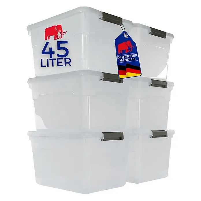 Proregal Aufbewahrungsbox-Set 6er mit Deckel - Groß mit Rollen - Kunststoff, Transparent, 6 Stk. - Gestapelte transparente Kunststoff-Aufbewahrungsboxen mit grauen Verschlüssen, 45 Liter Fassungsvermögen.