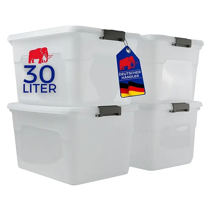 Proregal Aufbewahrungsbox-Set 4er mit Deckel - Klein - L x B x H: 33 x 46 x 26 cm, Kunststoff, Transparent, 4 Stk. - Gestapelte transparente Kunststoffboxen mit dunkelgrauen Verschlüssen. Eine zeigt '30 LITER' und ein rotes Elefantenlogo. Ein blaues Etikett mit deutscher Flagge hängt an einer anderen.
