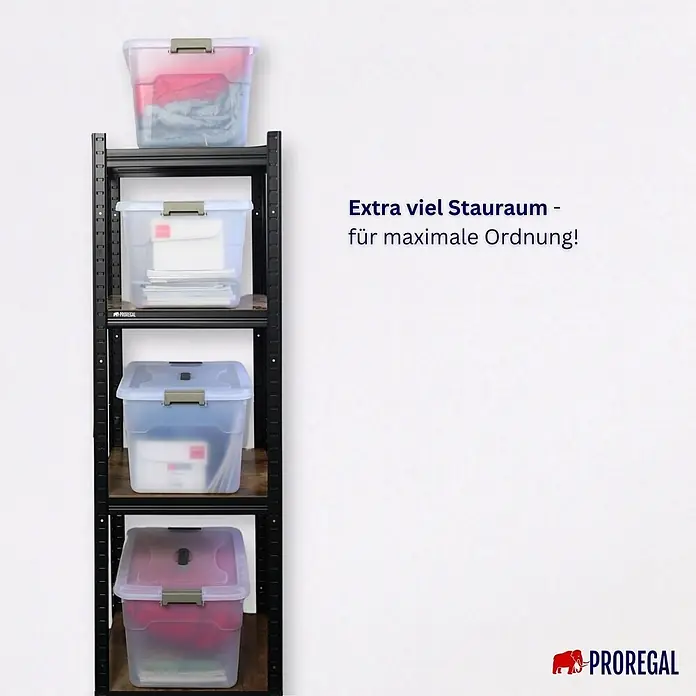 Proregal Aufbewahrungsbox-Set 4er mit Deckel - Klein - L x B x H: 33 x 46 x 26 cm, Kunststoff, Transparent, 4 Stk. - Ein dunkles Regal mit vier Holzböden und durchsichtigen Aufbewahrungsboxen, gefüllt mit verschiedenen Gegenständen.