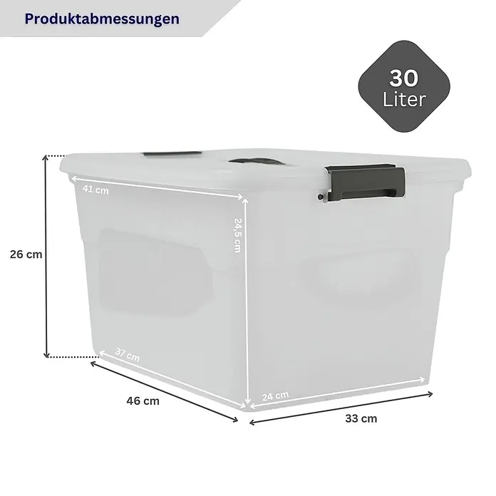 Proregal Aufbewahrungsbox-Set 4er mit Deckel - Klein - L x B x H: 33 x 46 x 26 cm, Kunststoff, Transparent, 4 Stk. - Klare 30-Liter-Aufbewahrungsbox mit dunkelgrauem Deckel und Clips, Außenmaße 46x33x26 cm.