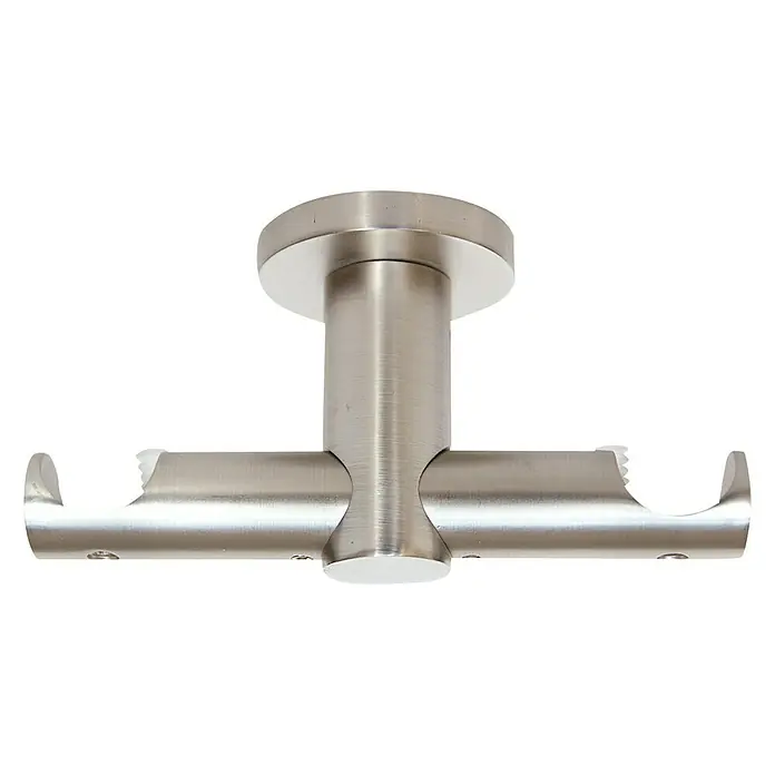 Expo Ambiente Deckenträger Urban - Edelstahloptik, Geeignet für: Gardinenstangen Ø 20 mm, Anzahl Läufe: 2 Stk. - Nahaufnahme einer doppelten Vorhangstangenhalterung aus gebürstetem Nickel. Sie bietet stilvollen und sicheren Halt für zwei Vorhangstangen.