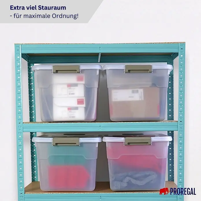 Proregal Aufbewahrungsbox-Set 4er mit Deckel - Groß mit Rollen - Kunststoff, Transparent, 4 Stk. - Türkises Metallregal mit zwei Ablagen und vier transparenten Aufbewahrungsboxen für maximale Ordnung.