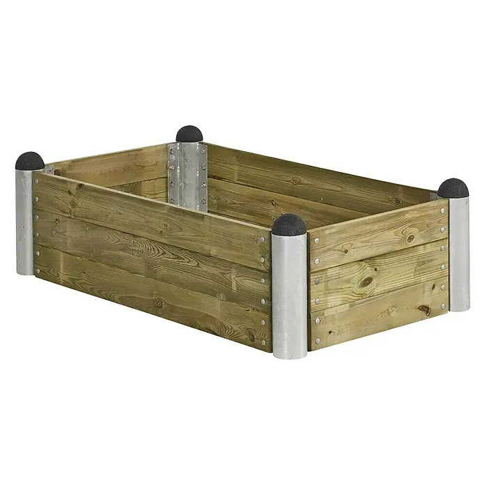 Plus Hochbeet Pipe - 140 x 80 x 36 cm, Holz, Natur - Das Bild zeigt ein rechteckiges Hochbeet aus Holz mit silbernen Eckpfosten und schwarzen Abdeckkappen. Ideal für den Garten.