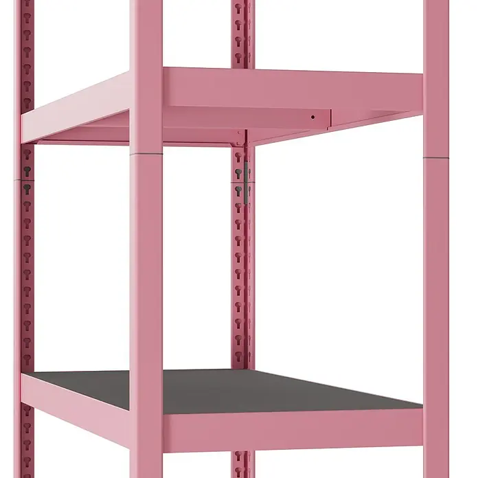 Metallregal - H x B x T: 180 x 100 x 45 cm, Traglast pro Boden: 200 kg, Anzahl Böden: 5 Stk., Stecken, Pink - Rosa Metallregal mit schwarzen Ablagen und höhenverstellbarem Design.