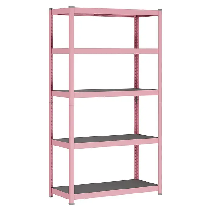 Metallregal - H x B x T: 180 x 100 x 45 cm, Traglast pro Boden: 200 kg, Anzahl Böden: 5 Stk., Stecken, Pink - Rosa Metallregal mit fünf grauen Ablagen zur Aufbewahrung.