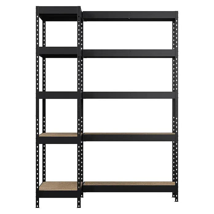 Regalux Eckregal - H x B x T: 180 x 131 x 40 cm, Traglast pro Boden: 210 kg, Anzahl Böden: 10 Stk., Stecken, Schwarz - Schwarzes Metall-Schwerlastregal mit verstellbaren Holzböden.