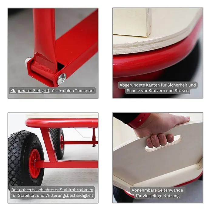 Proregal Bollerwagen BOLLY - Traglast: 150 kg - Roter Bollerwagen mit pulverbeschichtetem Stahlrahmen, klappbarem Griff, abgerundeten Kanten und abnehmbaren Holzseiten.