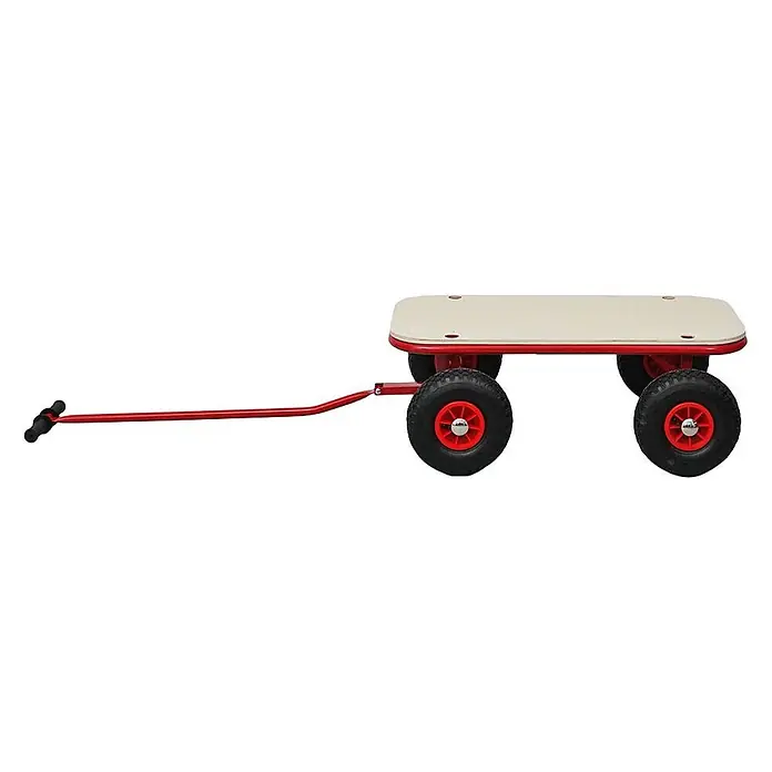 Proregal Bollerwagen BOLLY - Traglast: 150 kg - Roter Bollerwagen aus Metall mit beiger Holzplatte und schwarzen Lufträdern mit roten Naben.