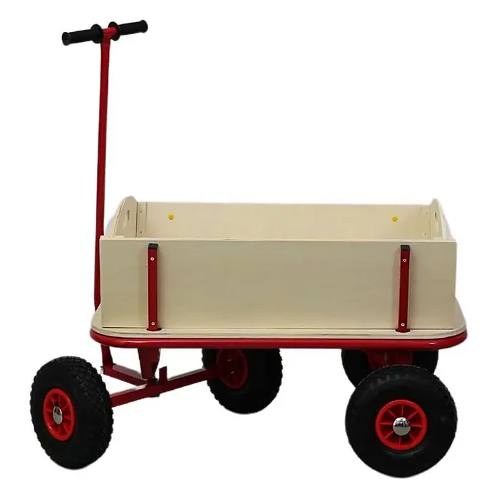 Proregal Bollerwagen BOLLY - Traglast: 150 kg - Roter Metallwagen mit hellem Holzkörper, schwarzen Gummireifen und schwarzen Griffen.