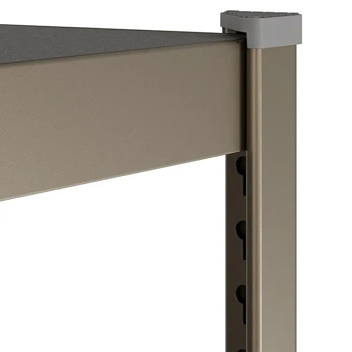 Metallregal - H x B x T: 180 x 100 x 45 cm, Traglast pro Boden: 200 kg, Anzahl Böden: 5 Stk., Stecken, Kupfer - Nahaufnahme einer braungrauen, strukturierten Metalleckverbindung eines Regals mit verstellbarer Ablage und hellgrauem Eckschutz.