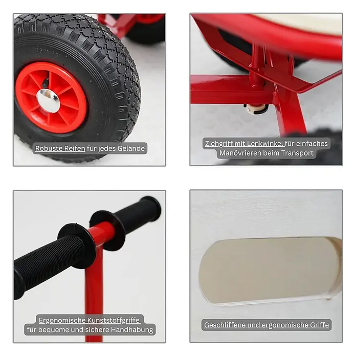 Proregal Bollerwagen BOLLY - Traglast: 150 kg - Vier Detailansichten eines roten Wagens: robuste schwarze Reifen, Lenkgriff, ergonomische Kunststoffgriffe und geschliffene Holzgriffe.