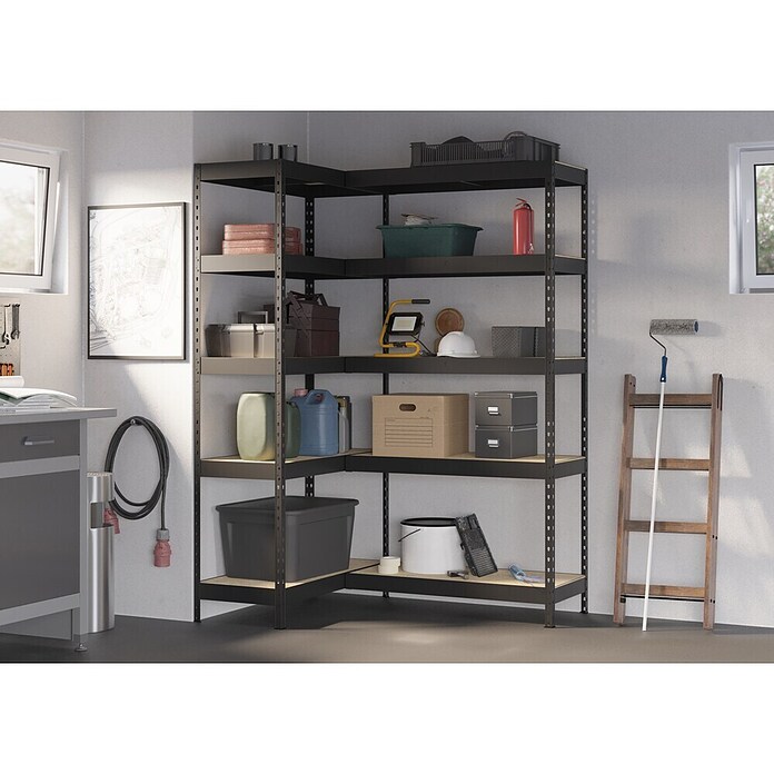 Regalux Eckregal (H x B x T: 180 x 131 x 40 cm, Traglast pro Boden: 210 kg, Anzahl Böden: 10 Stk., Stecken, Schwarz) | BAUHAUS