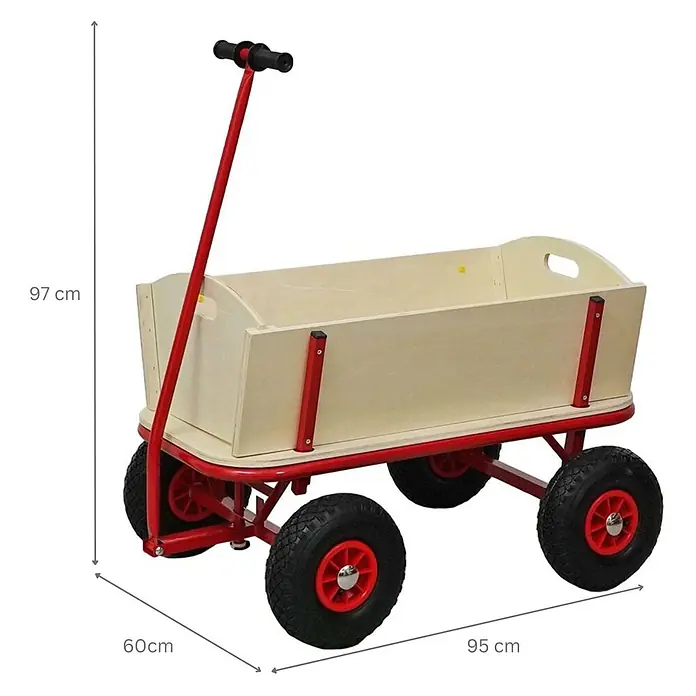 Proregal Bollerwagen BOLLY - Traglast: 150 kg - Holz-Bollerwagen mit rotem Gestell, schwarzen Rädern. Maße: 97cm H, 60cm B, 95cm L.