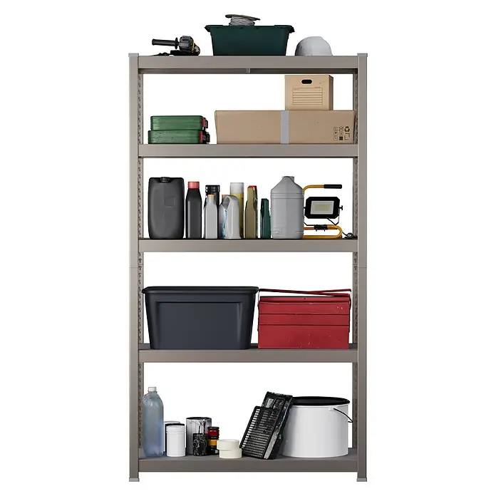 Metallregal - H x B x T: 180 x 100 x 45 cm, Traglast pro Boden: 200 kg, Anzahl Böden: 5 Stk., Stecken, Graphit - Graues Metallregal mit fünf Ablagen, gefüllt mit Werkzeugen, Flüssigkeiten in Flaschen und verschiedenen Vorräten.