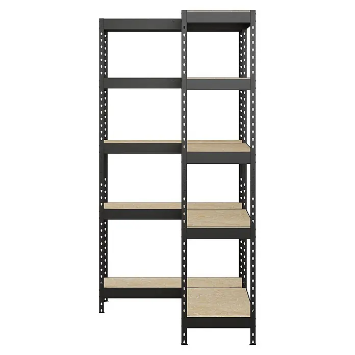 Regalux Eckregal - H x B x T: 180 x 131 x 40 cm, Traglast pro Boden: 210 kg, Anzahl Böden: 10 Stk., Stecken, Schwarz - Robustes dunkelgraues Metallregal mit hellen Holzablagen zur Aufbewahrung.