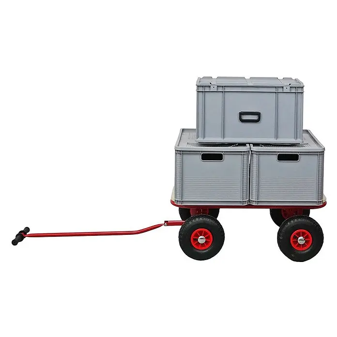 Proregal Bollerwagen BOLLY - Traglast: 150 kg - Roter Bollerwagen mit schwarzen Reifen, beladen mit drei grauen Kunststoff-Stapelkisten.