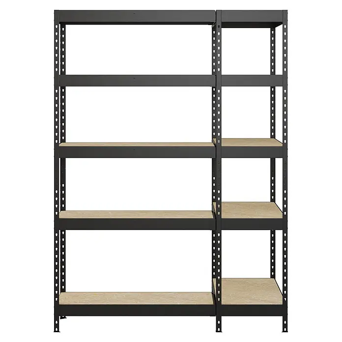 Regalux Eckregal - H x B x T: 180 x 131 x 40 cm, Traglast pro Boden: 210 kg, Anzahl Böden: 10 Stk., Stecken, Schwarz - Schwarzes Metallregal mit mehreren Holzregalböden zur Aufbewahrung.
